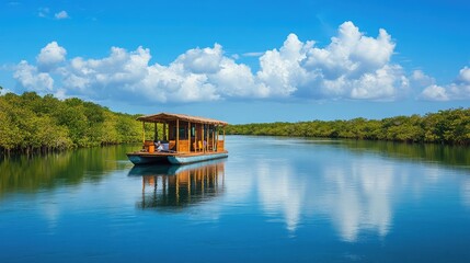 Fototapeta premium Serenity on the Water: A Tranquil Boat Journey through Lush Mangrove Forests with Reflections Under a Bright Blue Sky and Fluffy White Clouds
