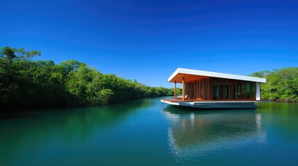 Obraz premium Modern Floating House on Tranquil Waterway Surrounded by Lush Greenery Under Clear Blue Sky, Ideal for Serenity and Nature Escape in Luxury Living