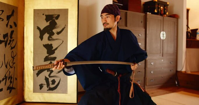Japanese man, samurai and sheath sword for martial arts, culture and tradition in dojo. Asian person, steel katana and warrior with metal blade for kenjutsu fight, sports training and practice skill