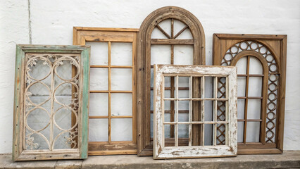 "A Creative Display of Distressed Wooden Windows with Unique Designs on a Seamless White Background