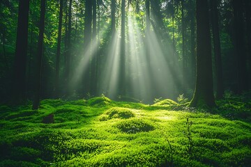 Obraz premium Serene forest scene with sunlight filtering through trees.