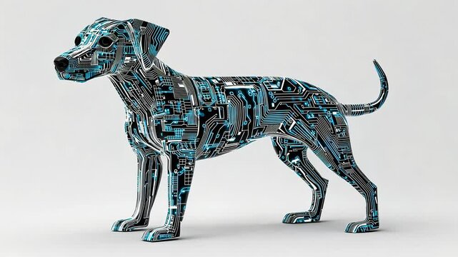 wireframe A futuristic dog sculpture featuring a design of glowing blue and metallic circuitry