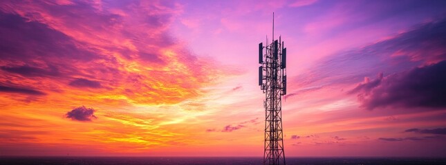 telecommunications tower at sunset, vibrant sky with purple and orange hues, silhouetted structure, technology and connectivity theme, dramatic clouds enhance the scene