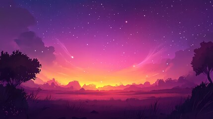 Serene Twilight Landscape with Vibrant Colors and Starry Sky, Capturing the Beauty of Nature's Evening Display in a Colorful Horizon