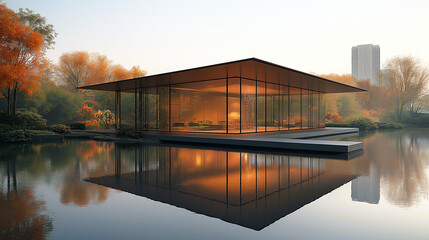 Fototapeta premium A sleek, glass pavilion glows warmly amidst autumnal trees, its modern design reflected in the still waters of a tranquil pond, blending nature and architecture seamlessly.