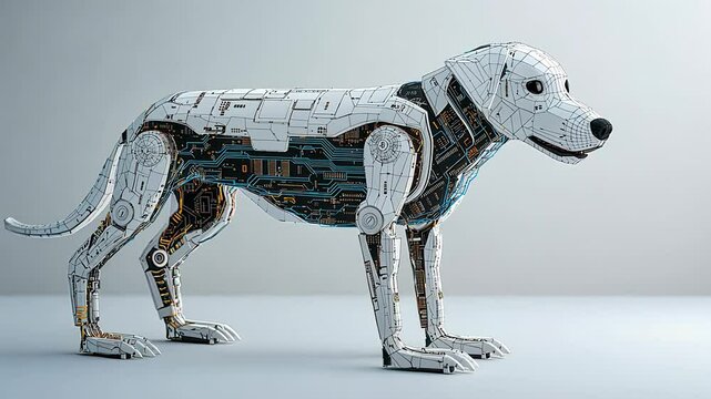 wireframe A futuristic robot dog with intricate circuitry and a sleek design, technology and companionship