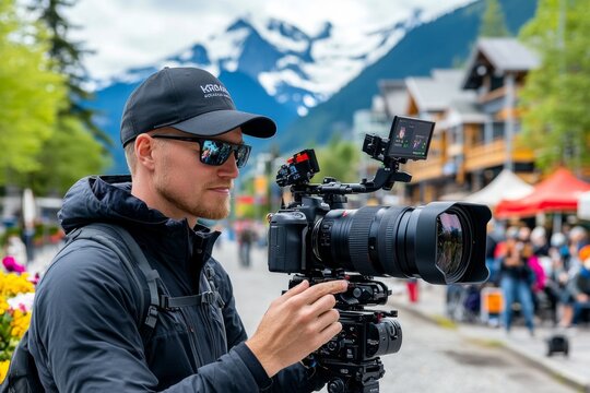 Filmmaker reviewing footage on a camera screen, outdoor shoot with mountains in the background