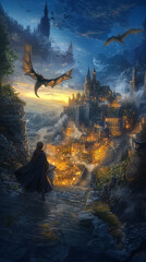 silhouette arriving at a fantasy city with dragons in the sky
