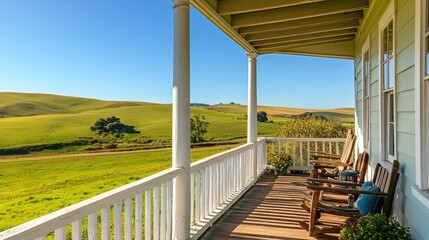 Fototapeta premium Scenic View from a Porch Overlooking Rolling Green Hills and Fields Under a Clear Blue Sky on a Sunny Day Surrounded by Nature and Tranquility