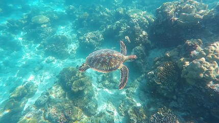 Fototapeta premium Graceful Sea Turtle Swimming Through Vibrant Coral Reef in Clear Tropical Waters, Showcasing Marine Life and Underwater Beauty in a Serene Environment