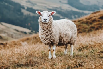 Fototapeta premium Adorable Sheep Standing in a Lush Green Field with Breathtaking Landscape in Background, Captured on a Clear Day in a Rural Setting