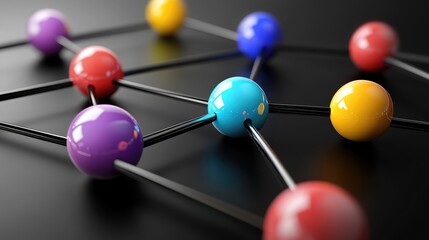 Colorful Spheres and Connecting Lines Representing Molecular Structure on a Black Surface in a Contemporary Scientific Visualization