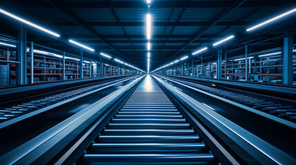 Fototapeta premium Automated Conveyor System in a Modern Warehouse, Illuminated by Fluorescent Lights, Shows Efficient Material Handling and Logistics in a Futuristic Industrial Setting.