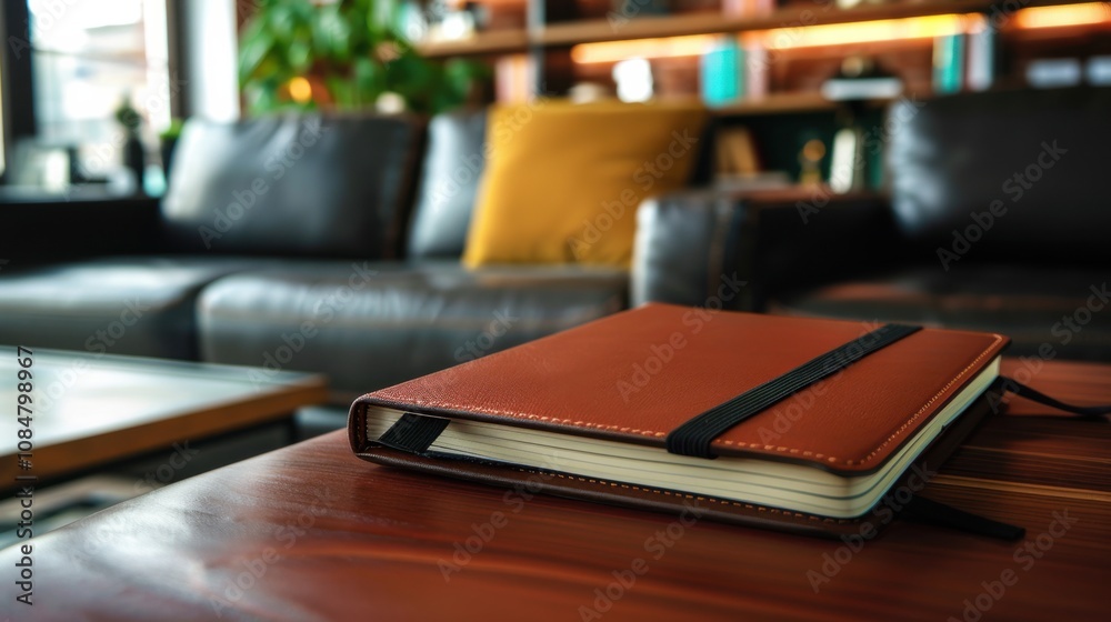 Poster a classic leather-bound journal with a digital writing assistant, set in a modern library study, sym