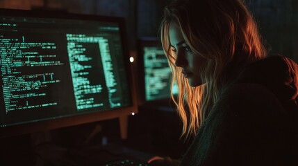 Young woman with long hair focused on coding at dark workspace, illuminated by green screens displaying complex programming algorithms and digital data analysis