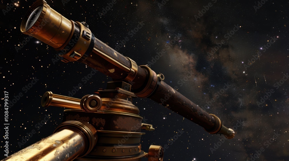 Poster a classic telescope with augmented reality overlays showing celestial objects, set under a starry ni