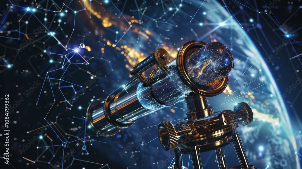 Poster a classic telescope with augmented reality overlays showing celestial objects, set under a starry ni