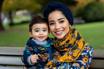 Mother holding her child, sitting on a park bench with a warm and joyful expression on her face