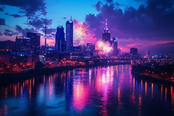 City skyline at dusk with fireworks reflecting on the water.