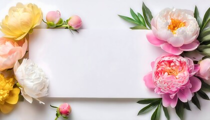 Blank white card with fresh spring colorful peony flowers with green leaves on white background