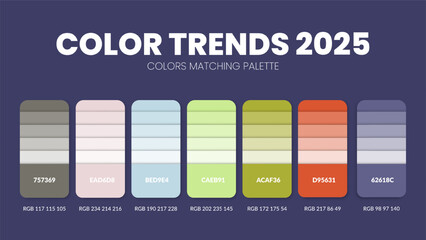 Color Trends 2025 color palettes or color schemes are trends combinations and palette guides this year, a table color shades in RGB or HEX. Color swatch for a spring fashion, home, or interior design.
