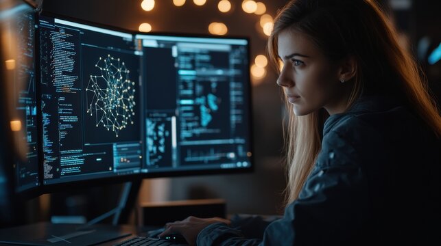 Focused Female Data Analyst Working Late at Night on Computer with Multiple Monitors Displaying Complex Data Visualizations and Graphs in a Dark Office Environment