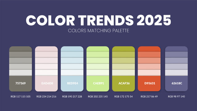 Color Trends 2025 color palettes or color schemes are trends combinations and palette guides this year, a table color shades in RGB or HEX. Color swatch for a spring fashion, home, or interior design.