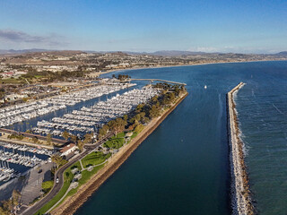 Aerial view of Dana Point Harbor and break wall in Orange County, California
