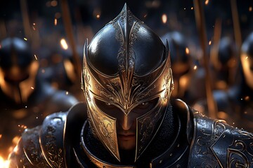 Realistic depiction of medieval soldiers in armor, preparing for battle, with intense expressions