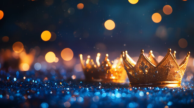 Three golden crowns on blured background. christmas three kings day the three wise men, or epiphany day holiday celebration night, bokeh wallpaper banner. Epiphany. Illustration