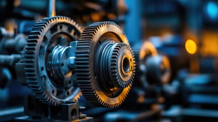 Obraz premium Detailed Close-Up of Industrial Gears with Intricate Teeth Mechanism in a Workshop Setting, Highlighting Precision Engineering and Manufacturing Processes