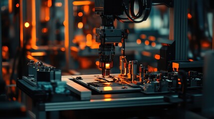 Fototapeta premium Advanced Manufacturing Process in a Modern Factory with Robotic Arm and Circuit Board Assembly Under Warm Ambient Light in a High-Tech Environment