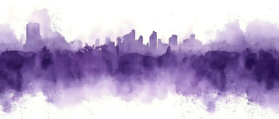 Obraz premium A tranquil watercolor illustration of a city skyline in various shades of purple, creating a dreamy and ethereal atmosphere with soft edges and a misty background.