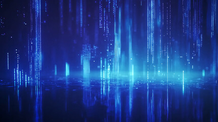 mesmerizing blue digital landscape with glowing vertical lines and reflections, creating futuristic atmosphere. scene evokes sense of technology and innovation