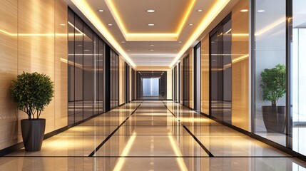 Obraz premium Modern Office Corridor with Elegant Lighting, Glossy Floor, and Minimalist Design Features for Corporate Environment and Interior Decoration Inspiration