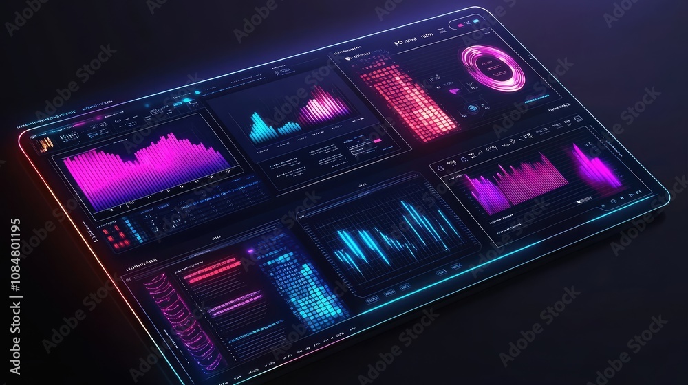 Poster futuristic digital dashboard displaying vibrant data visualization with colorful charts and graphs f