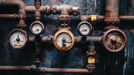 Industrial Pipe System with Pressure Gauges, Valves, and Rusty Components on Weathered Wall, Showcasing Mechanics and Engineering Design Elements in Urban Environment