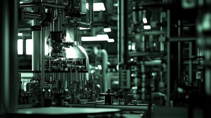 Industrial Process in a Modern Factory with Complex Machinery and Pipes, Showcasing Equipment and Technology in an Atmospheric Green Lighting Environment