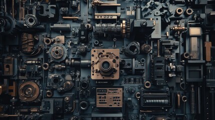 Fototapeta premium Detailed Arrangement of Vintage Mechanical Parts and Tools in a Dark Setting, Perfect for Industrial Themes, Technology Concepts, and Creative Projects
