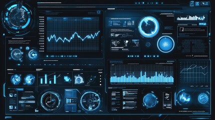 Fototapeta premium Futuristic Digital Interface Featuring Data Analytics, Graphs, Charts, and User Interactive Elements for Technological Applications or Presentations