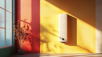 Modern water heater in stylish interior with plants and vibrant color wall.