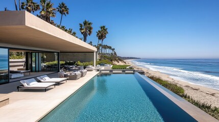 Fototapeta premium Modern Coastal Retreat with Infinity Pool Overlooking Serene Beach and Palm Trees, Ideal for Luxury Vacations and Relaxation by the Ocean