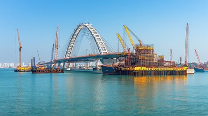 Obraz premium Construction of a Modern Bridge Over Water with Cranes, Barges, and Workers under a Clear Blue Sky in an Urban Landscape