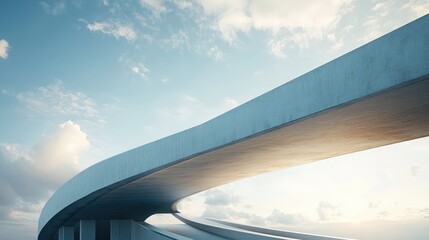 Aerial View of a Modern Concrete Bridge Curving Gracefully Against a Clear Blue Sky with Soft Clouds and Warm Natural Light in a Serene Urban Environment