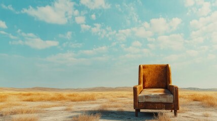 An isolated, worn armchair sits in a vast, dry landscape under a blue sky with clouds.