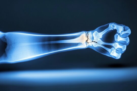 X-ray of a broken bone in a forearm, clearly displaying the fracture line and surrounding bones