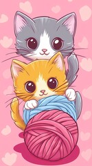 Two cute cartoon kittens playfully interacting with a ball of yarn on a pink background.
