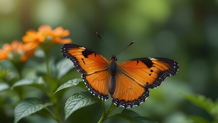 Obraz premium Nature view of beautiful orange butterfly on green nature blurred background in garden with copy space using as background insect, Generative AI