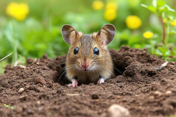 A small mouse emerging from a burrow in a lush green environment.