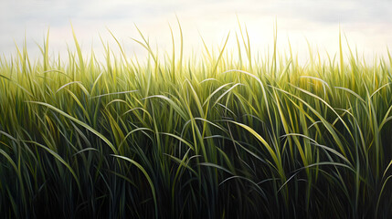 Tall Grass Blades Illuminated by Sunlight in a Realistic Oil Painting